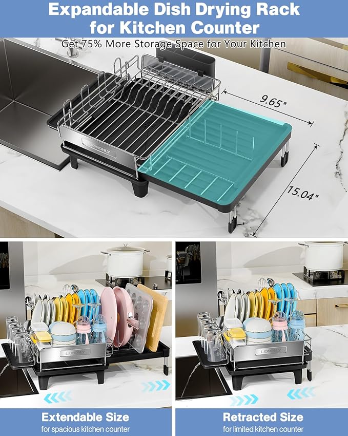 Expandable Dish Drying Rack for Kitchen Counter, 304 Stainless Steel, Flip-Top Retractable Plate, Multi-Directional Adjustable, Space-Saving Large Drying Rack, Black