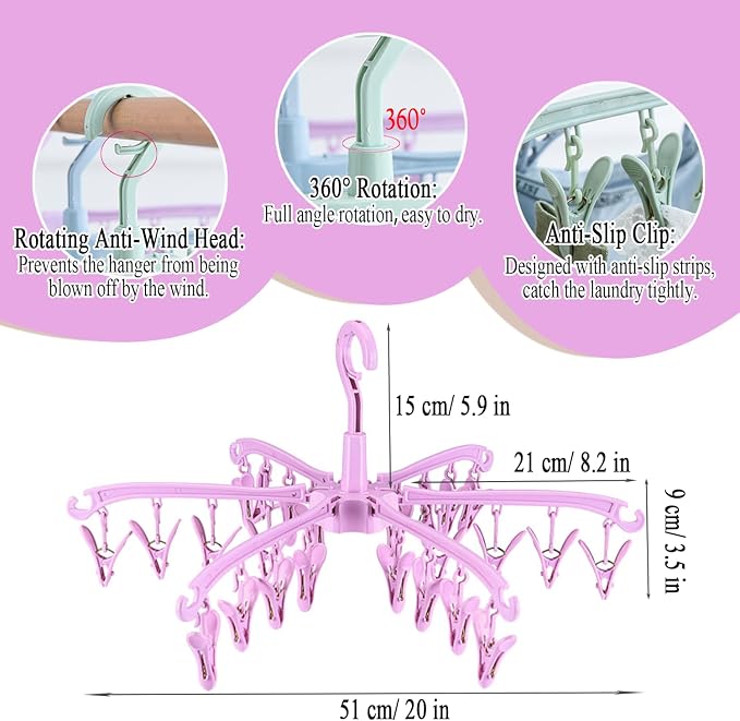 Clothes Drying Hanger with 24 Clips,Foldable Hanging Rack 2 PCS | for Drying Socks Lingerie Baby Clothes Drying Towels Rotatable Sock Drying Rack with 24 Pegs Clips(Pink)