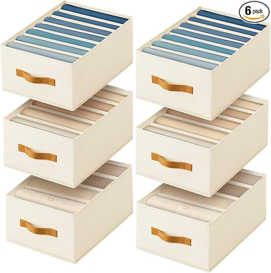 DIMJ Wardrobe Clothes Organizer - 4/5/7 Grids Foldable Closet Drawer Organizer Dividers for Jeans, Pants, Sweater, T Shirt, Storage Bins with Handles for Shelf