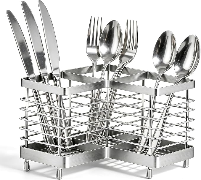 Utensil Holder, Stainless Steel Corner Utensil Holder for Kitchen Counter, 3 Compartments Utensil Crock Organizer for Spatulas, Silverware, Forks, Knives, Spoons & Cooking Tools