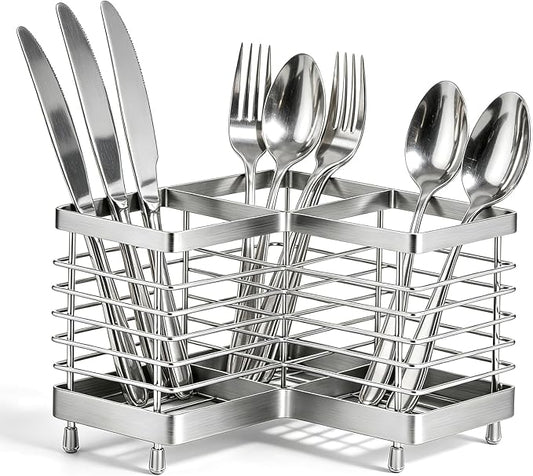 Utensil Holder, Stainless Steel Corner Utensil Holder for Kitchen Counter, 3 Compartments Utensil Crock Organizer for Spatulas, Silverware, Forks, Knives, Spoons & Cooking Tools