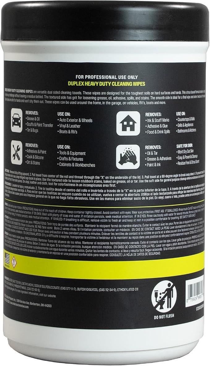 Malco Duplex Heavy Duty Cleaning Wipes for Home and Auto - Dual Sided Textured, Wet Wipe/Removes Grease, Tar, Paint, Oil, Dirt/No Residue/Safe for Hands/Made in USA (130 Wipes)