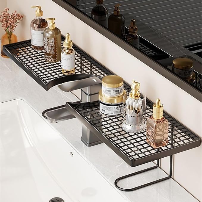 Sink Organizer Rack,No-Drill Freestanding Carbon Steel Faucet Storage Shelf, Washbasin Shelf, Tool-Free Organizer, Space-Saving Bathroom Countertop Organizer, Easy Drainage New (Black)