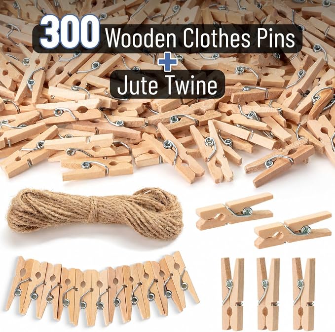 Mr. Pen- Mini Wooden Clothes Pins for Photo, 1 Inch, 300 Pack, Small Clothespins with 10 Meter Jute Twine for Scrapbooking, Labeling Plants, Gift Tags, Tiny Crafts, Photo Display, Decoration
