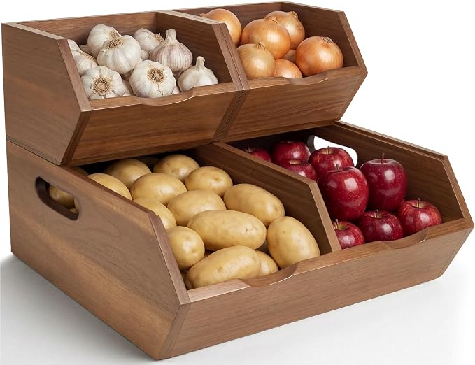 Acacia Wood Pantry Storage Bins Set of 3, Stackable Kitchen Storage Baskets for Potatoes, Onions and Produce, Handcrafted Wooden Organizer for Pantry, Counter and Cabinet