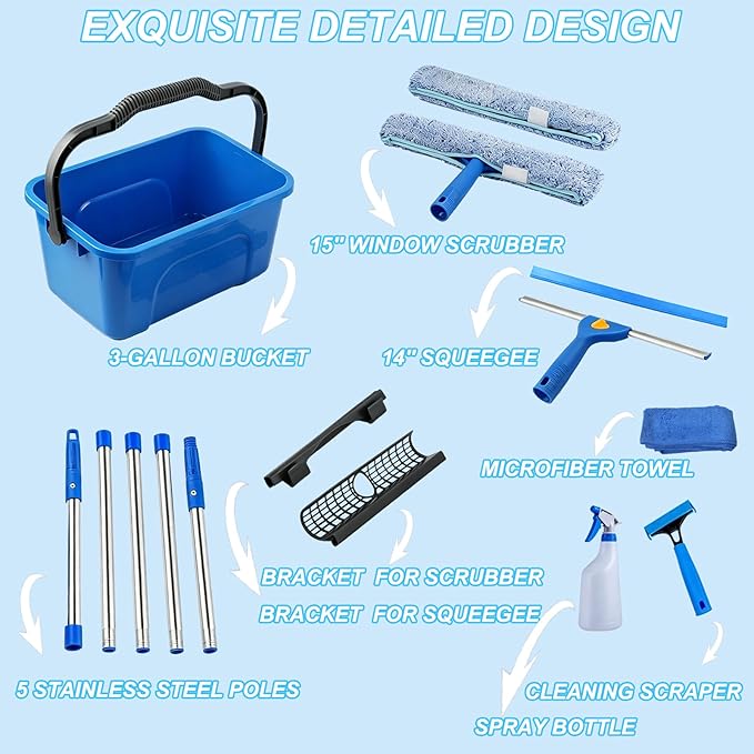 120“Professional Squeegee Window Cleaning Kit with Extension Pole,Window Cleaning Kit,Window Washing Tool for Indoor Outdoor Windows & Car Glass Easy to use, Great for high-Rise Hard-to-Reach Windows