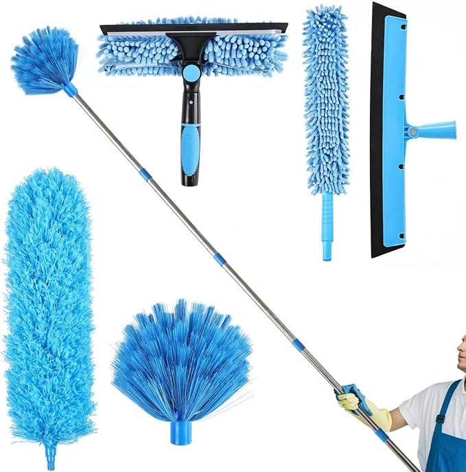 High Reach Duster Kit with14 ft Extension Pole High Ceiling Dusting and Window Cleaning Kit with Spliceable Pole - Cobweb Duster, Fan Blade, Window Washer & Squeegee and Feather Dusters