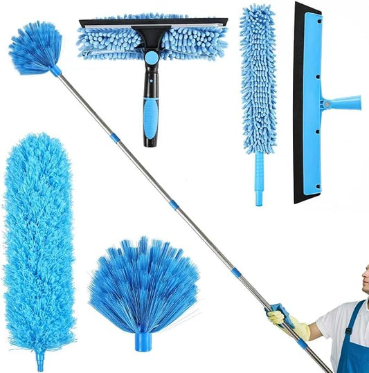 High Reach Duster Kit with14 ft Extension Pole High Ceiling Dusting and Window Cleaning Kit with Spliceable Pole - Cobweb Duster, Fan Blade, Window Washer & Squeegee and Feather Dusters