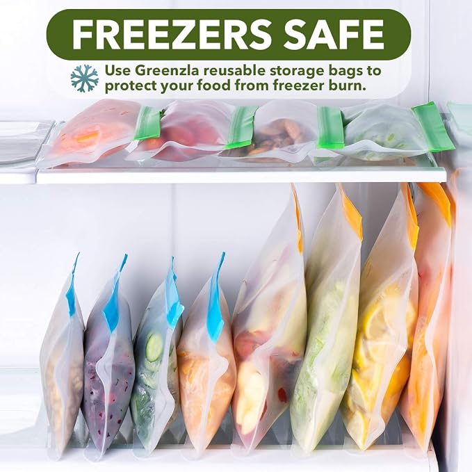 GREENZLA 12 Pack Reusable Food Storage Bags | BPA-Free | Leakproof | 4 gallon, 4 sandwich & 4 snack | Freezer-safe | Kid-friendly zipper | Replaces 300+ disposables