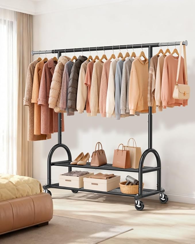 EAGMAK Heavy Duty Clothes Rack for Hanging Clothes Load 556 LBS, Height Adjustable Rolling Clothing Racks, Portable Metal Coat Rack Garment Wardrobe with Wheels and Shelves for Bedroom Laundry, Black