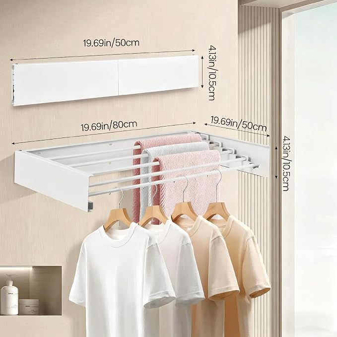 Wall Mounted Laundry Drying Rack, Carbon Steel Foldable & Retractable Clothes Drying Rack, Space Saving Adjustable Towel Holder for Bathroom, Laundry, Small Spaces (1, White, 50cm)