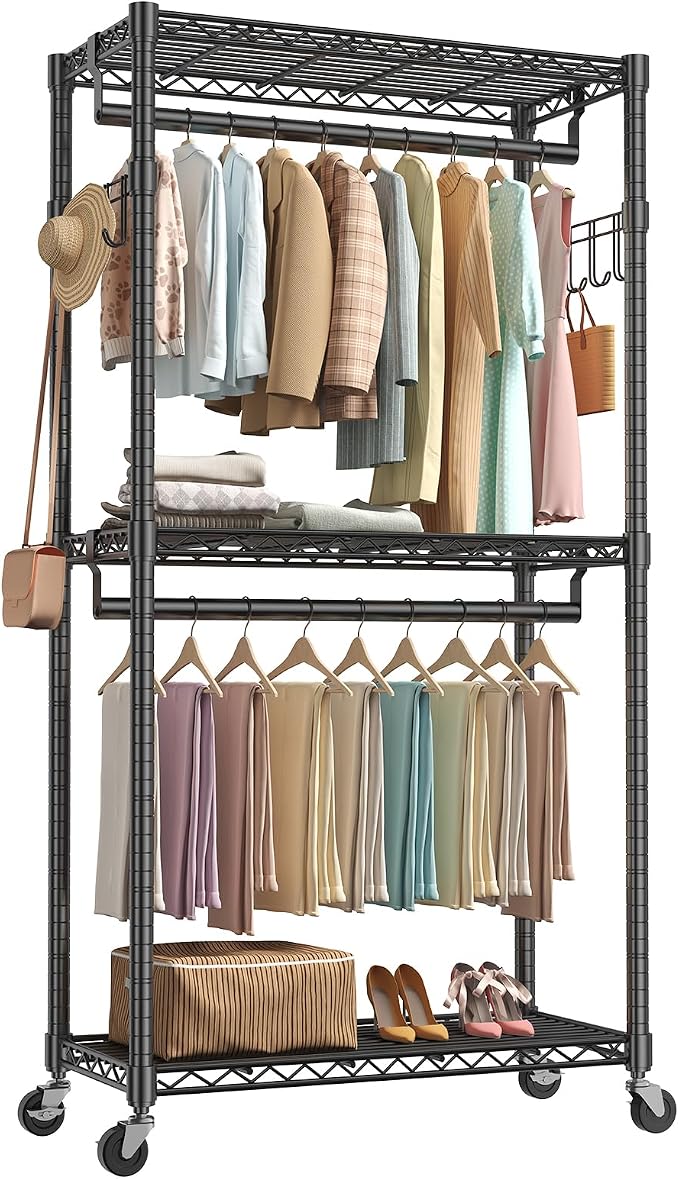 NEWBULIG Heavy Duty Clothing Rack with Wheels, 3-Tier Adjustable Wire Garment Rack, Metal Freestanding Closet Organizer System with Double Hanging Rods & 8 Side Hooks, 35" x 15" x 75", Black