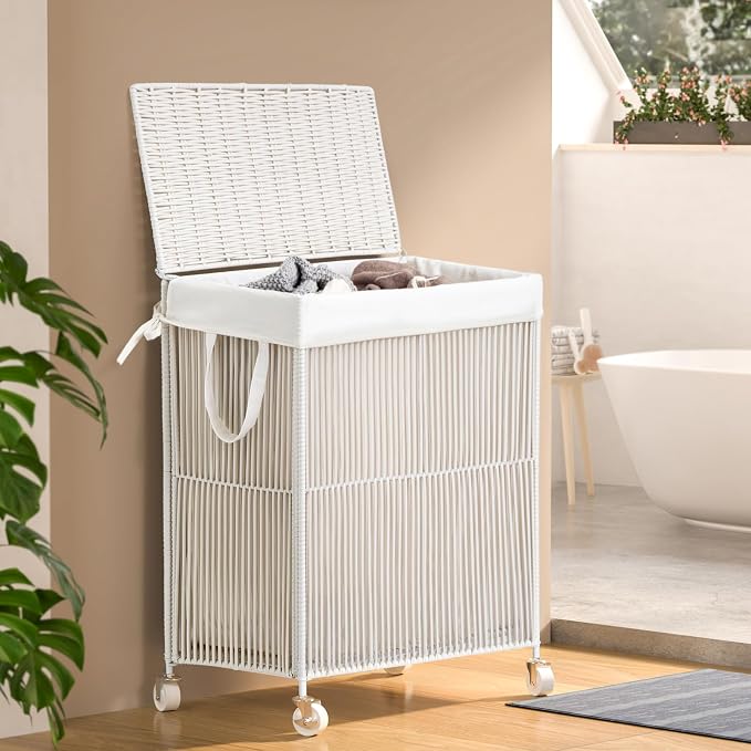 WOWLIVE Rolling Laundry Basket Wheels, Handwoven Laundry Hamper with Lid | Double Clothes Hamper with Divided Removable Bag, 115L Large Laundry Sorter 2 Section, Laundry Room Organization, White