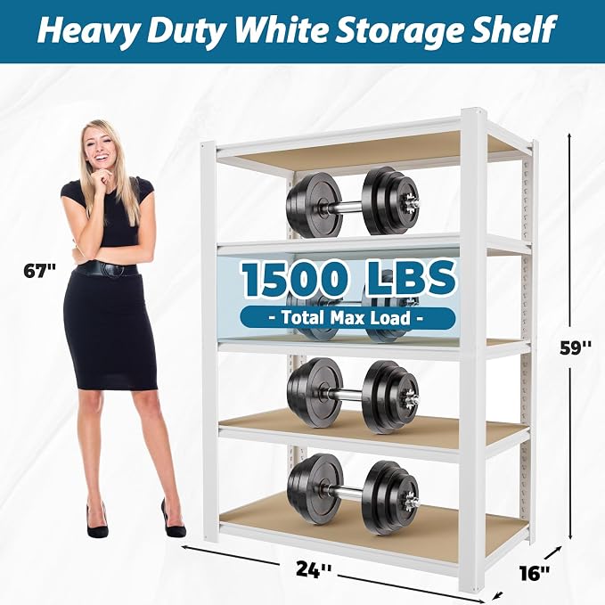 PrimeZone 24" W x 16" D x 59" H Closet Storage Shelves - 5 Tier White Metal Connector Shelving Unit, Adjustable Heavy Duty Garage Shelves, Utility Rack Organizer Shelf for Kitchen Pantry Closet, 3 PCS