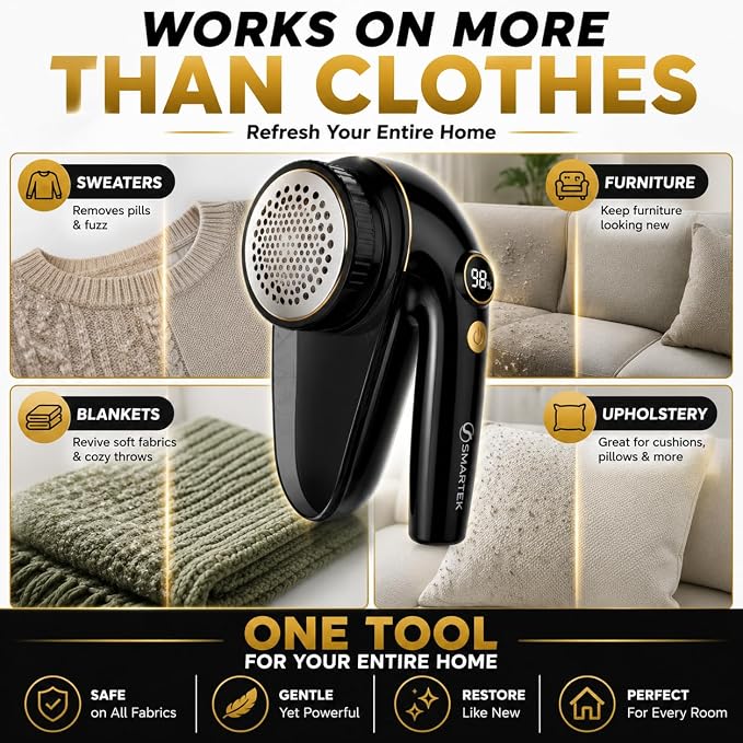 Smartek Rechargeable - Fabric Shaver for Clothes - Lasts for Hours Between Charges - 2-Speeds with High and Low Lint Shaving Modes - Built-in LED Screen - Lint Shaver for Removing Fuzz and Pilling