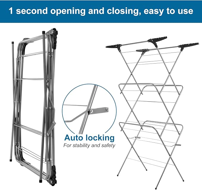 3 Tier Clothes Airer Drying Indoor and Outdoor, Laundry Rack with Non-Slip Feet and Corner Spaces for Hangers, Flat Foldable for Space Saving Washing Line, 20m Drying Space