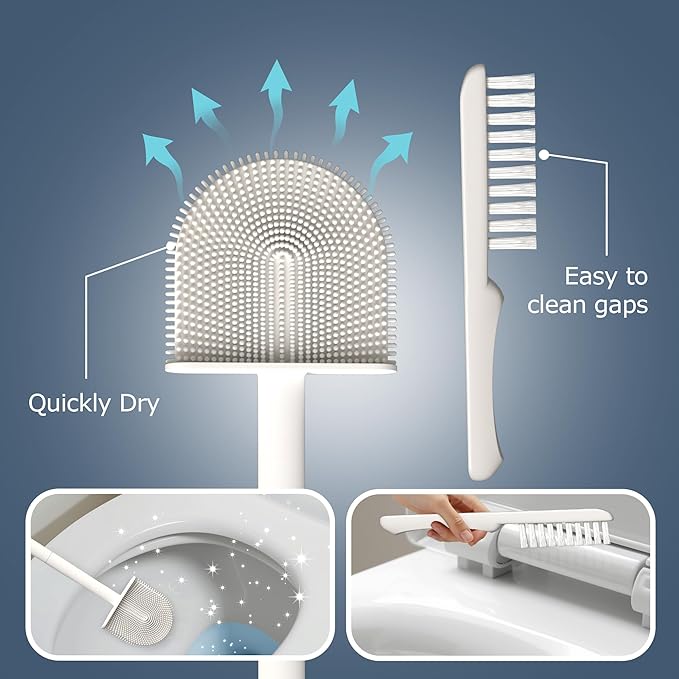 2 Pack Silicone Toilet Brushes & Holders– Includes 2 Crevice Brushes for Bathroom, Long Non-Slip Handle – Durable Bathroom Cleaning Set.
