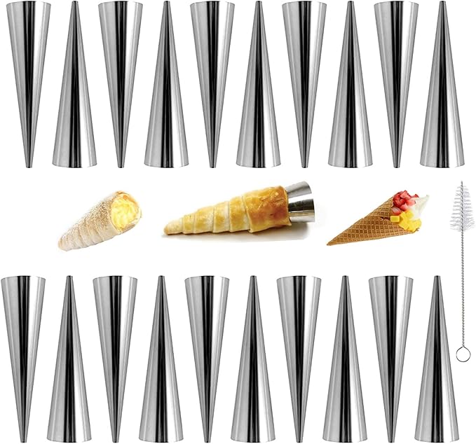 20Pcs Large Conical Cream Horn Molds, Non-stick Cream Horn Molds Stainless Steel, 5 inch Large Size Cannoli Tubes Kit Pack of Baking Cones Pastry Roll Horn Croissant Mold With brush