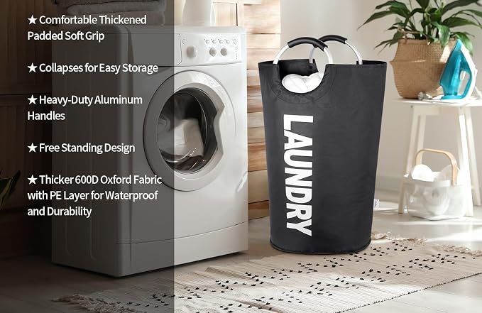 Extra Large Laundry Basket, Big Laundry Hamper Bag with Handles, 130L Black | Freestanding Tall Dirty Clothes Hamper, Collapsible and Portable Laundry Bin for Dorms and Bedrooms, Thick, Sturdy Fabric