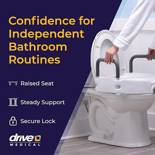 Drive Medical 2-in-1 Raised Toilet Seat with Removable Padded Arms - Elevated Bathroom Safety Support - Secure Locking Attachment - Easy Height Assistance - Durable Construction, Standard Toilets