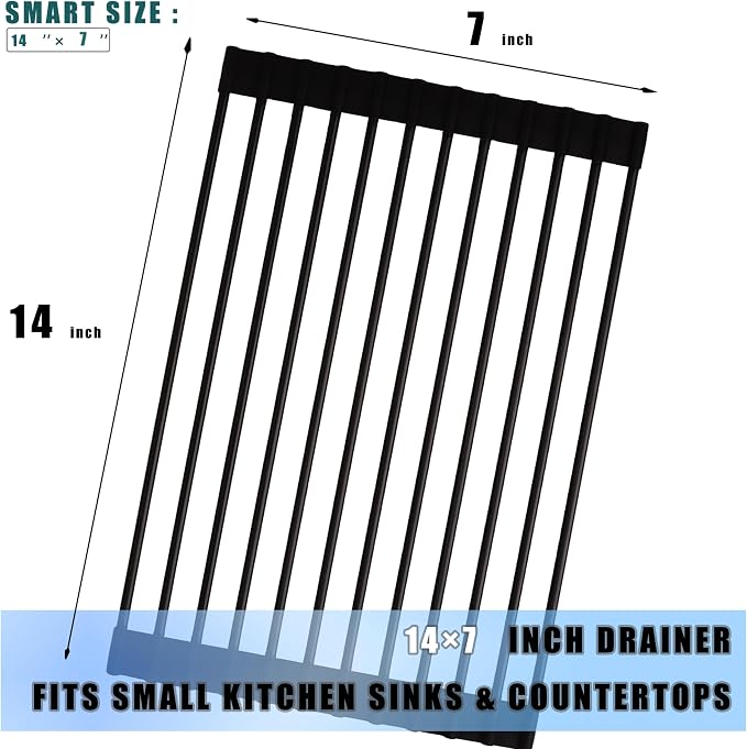 Roll up Dish Drying Rack Silicone Wrapped Stainless Steel 14.5" x 7", Black (M), Over the Sink, Heat Resistant, Foldable