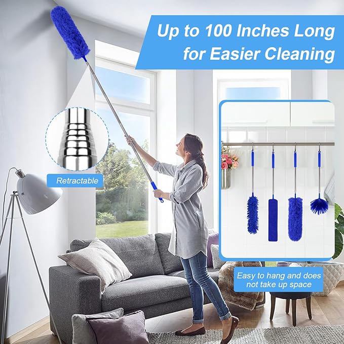 Duster with Extension Pole - Blue | 5-in-1 Kit Dusters for Cleaning, Extendable Duster with 100 Inches, Microfiber Dusters for Ceiling Fans, Furniture, Blinds