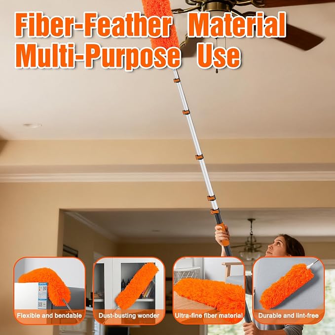 30FT Reach Duster Kit, Window Cleaning with 5-24FT Telescoping Extension Pole, High Ceiling Duster, Microfiber Feather Duster, Cobweb Duster, Window Squeegee, Feather Duster, Extendable Pole Kit