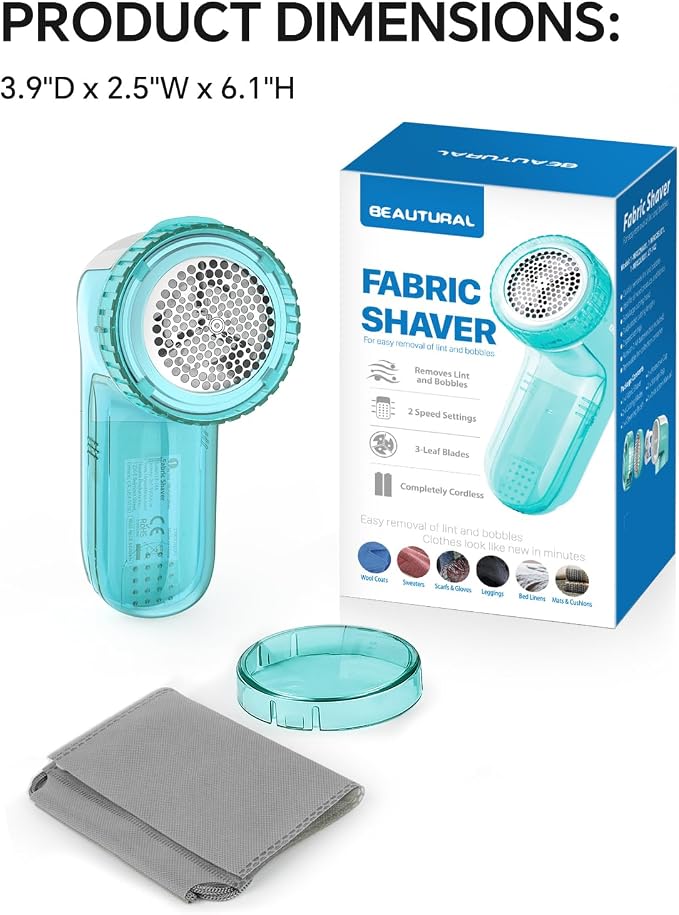 BEAUTURAL Fabric Shaver and Lint Remover, Portable Sweater Defuzzer | Battery Operated, 2 Speeds, 2 Replaceable Stainless Steel Blades, Remove Clothes Fuzz, Lint Balls, Pills, Bobbles