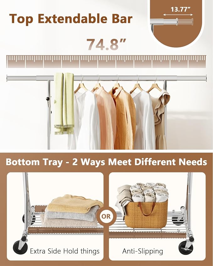 Hoctieon 1-Minute Assembly Clothes Rack, 480 lbs Heavy Duty Rolling Clothing Racks with Wheels, Foldable Garment Rack, Extendable Hanging Bar, Adjustable Metal Pole with Hooks, Chrome