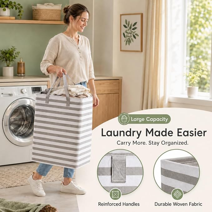 BOOMIBOO 2-Pack Large Laundry Basket,Waterproof Freestanding Laundry Hamper,Collapsible Clothes Basket with Easy Carry Handles in Laundry Room Bathroom Bedroom Dorm,Grey,100L