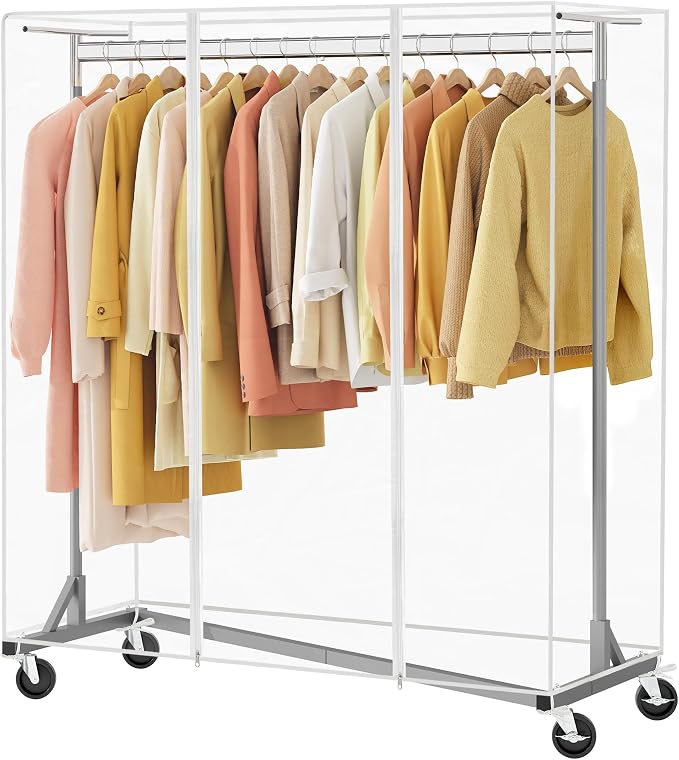 Hoctieon Z Clothes Rack with Cover, Metal Heavy Duty Clothing Rack, Rolling Garment Rack with Wheels, with Dustproof Cover Waterproof Protector, with 2 Durable Zippers, for Hanging Clothes, Grey