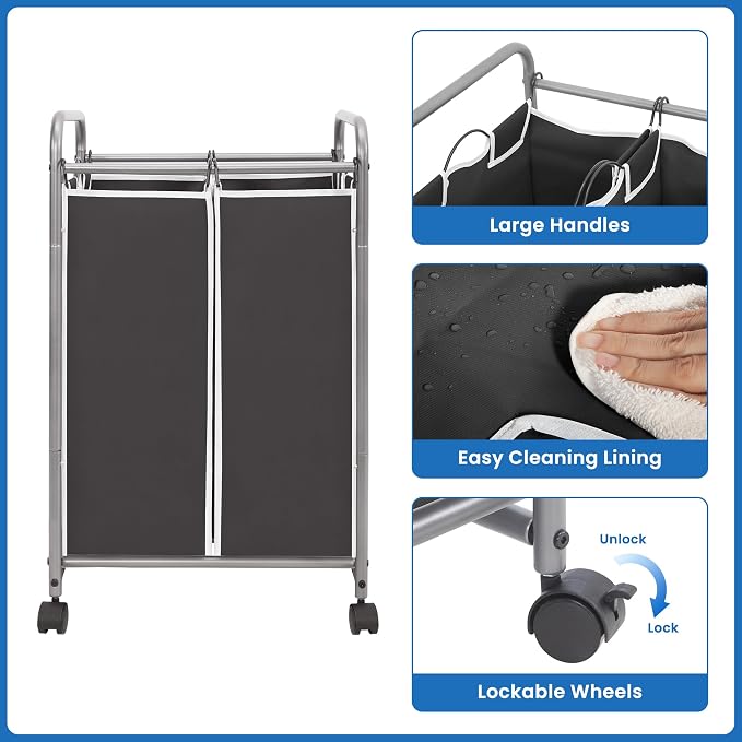 STORAGE MANIAC Laundry Sorter 2 Section, 90L (23.7Gal) Laundry Hamper with Wheels, Clothes Basket Separator Sorter, 2 Bag Cart and Removable Bags for Closet, Dorm, Collage, Black
