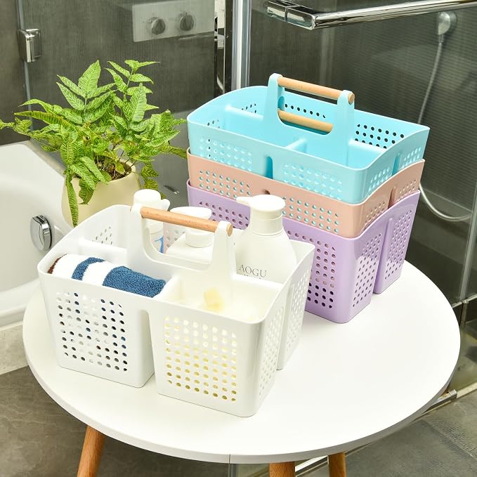 Portable Shower Caddy Basket with Wood Handle, 3-Compartment Bathroom Organizer Tote with Drain Holes, Plastic Shower Basket for Dorm, Toiletries, Cleaning Supplies, Dark Gray