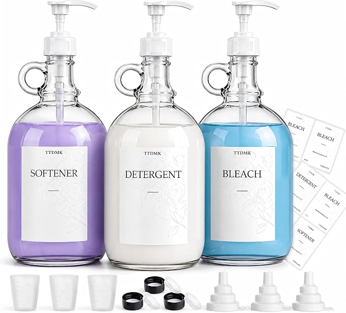 3 Pack Glass Laundry Detergent Dispensers, 64 oz Half Gallon Bottles | Includes Pumps, Labels, Funnels and Measuring Cups for Organizing Laundry Detergent, Softener and Scent Boosters.