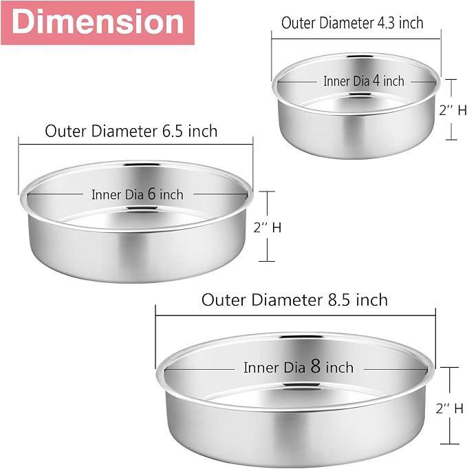 P&P CHEF Cake Pan Set of 3, 4" + 6" + 8" Round Baking Layer Tier Cake Pans Tins, Stainless Steel Bakeware for Birthday Weeding, Heavy Duty & Non Toxic, Mirror Finish & Dishwasher Safe