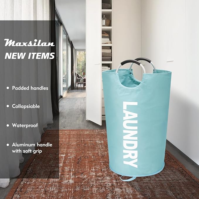 Maxsilan 125L X-Large Laundry Basket Bag, Collapsible Hamper, Light Blue | Freestanding tall laundry bag & foldable washing basket. Large capacity clothes storage bin with durable sturdy handles
