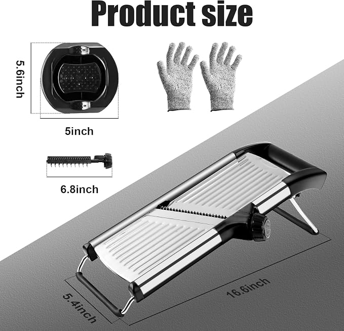Mandoline Slicer for Kitchen, Adjustable Vegetable Slicer - Stainless Steel | Adjustable stainless steel blade slices potato, onion and tomato evenly; food holder and gloves help make kitchen prep safer.