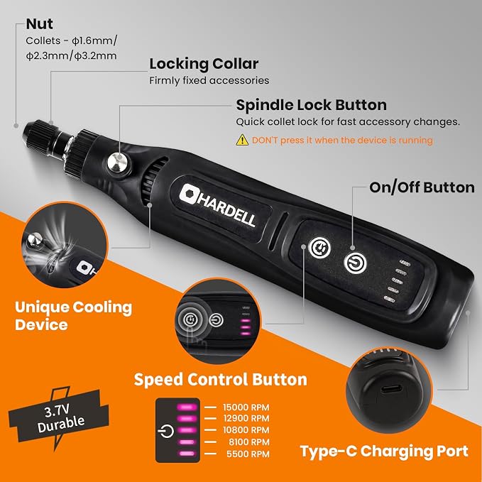 HARDELL Mini Cordless Rotary Tool, 4V 5-Speed Portable Rotary Tool with 43 Accessories, Type-C Charging DIY Craft Tool for Sanding,Carving, Polishing, Jewelry,3D Priting