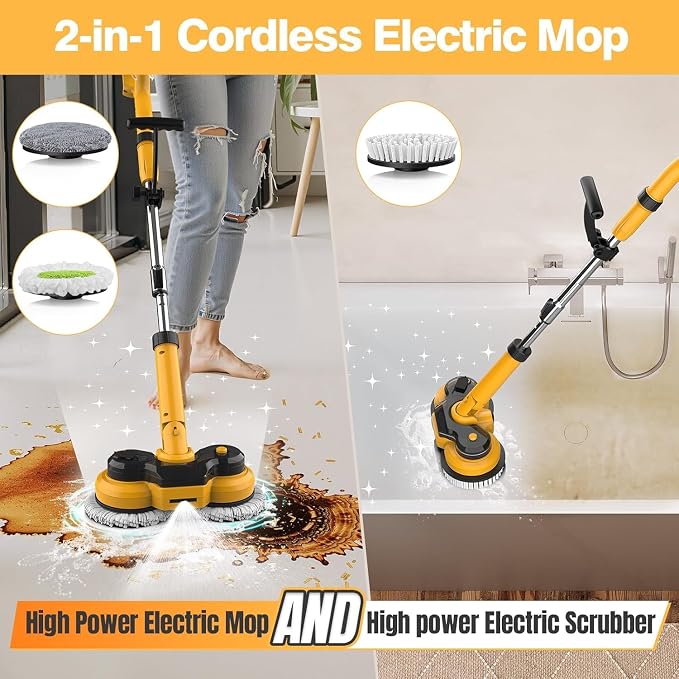 Cordless Electric Mop for Dewalt 20V Battery (NO Battery), 2 in 1 Spin Mop & Electric Floor Scrubber Machine with LED Light & Water Spray, 800 RPM Rotating Electric Mops for Floor