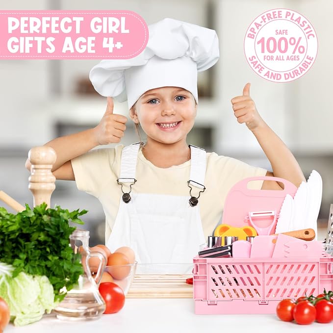 Suhctuptx Toddler Knife Set, Kids Knife Set for Real Cooking, Kid Safe Knives with Cutting Board Crinkle Cutters Montessori Kitchen Toys, Toddler Girl Gifts Age 3 4 5 6 7 8 Year Old