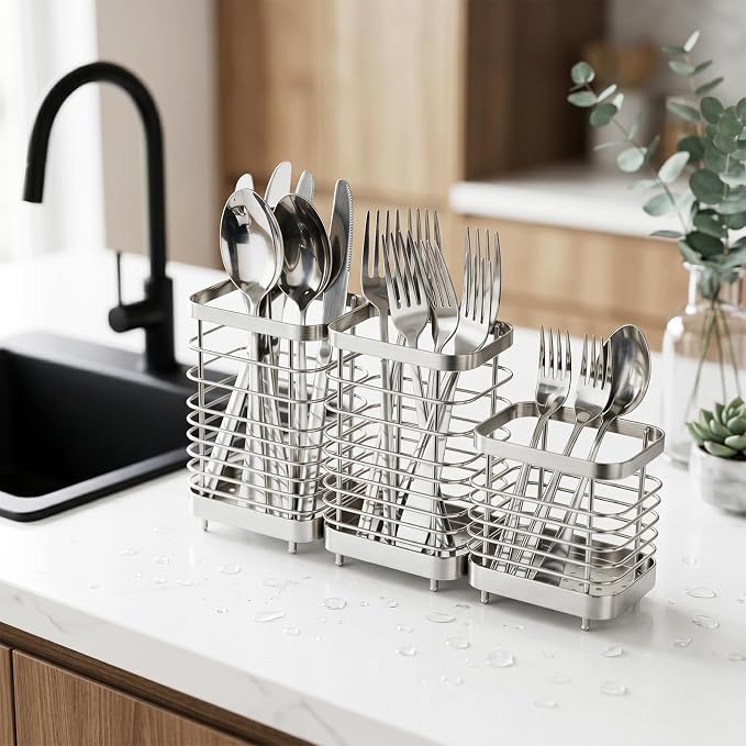 Utensil Holder, Stainless Steel Utensil Drying Rack for Kitchen Counter, Silverware Cutlery Flatware Holder Forks, Knives, Spoons, Chopsticks Organizer (2 Large and 1 Small)