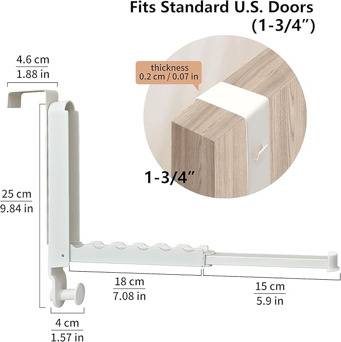 RFOUO Over The Door Hooks Hanger,Fits Door up to 1 3/4",Milky White, 2 Pack | Aluminum,Retractable Rod, Space-Saving, Foldable Over The Door Drying Rack,No drilling, For Laundry Bathroom Bedroom Travel