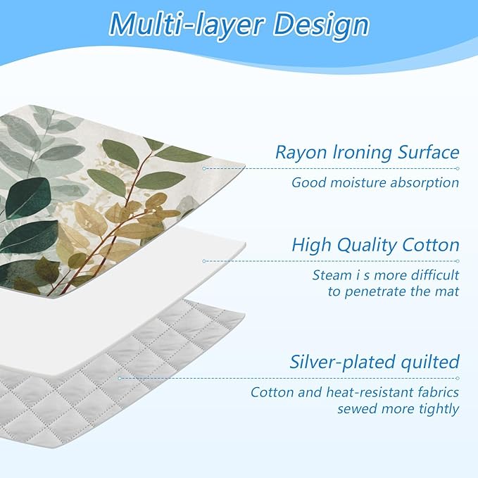 Beige Boho Style Leaves Ironing Mat Portable Ironing Pad Blanket with Silicone Iron Rest for Table Top Travel Heat Resistant Double-Side Using Large 47x28 Inch Foldable
