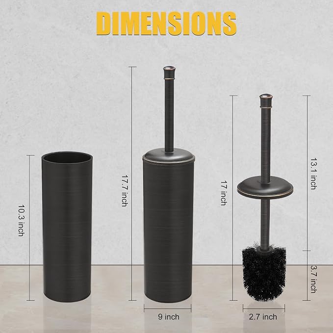 BESy Toilet Brush and Holder, Toilet Cleaner Bowl Set with Two Brush with Extra Long Handle, Durable Bristles Toilet Scrubber and Covered Holder, Drip-Proof Stainless Steel Oil Rubbed Bronze
