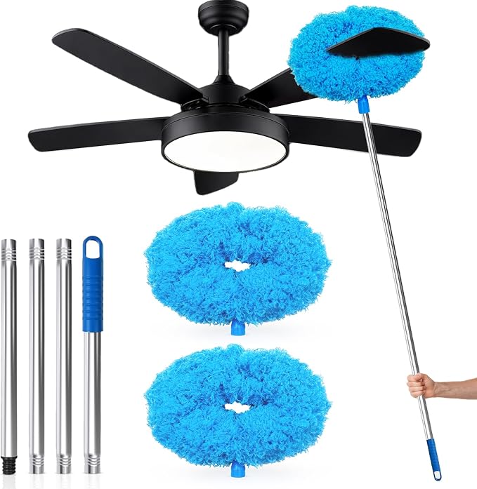 Ceiling Fan Cleaner Duster with Extension Pole, 12 to 51 Inch Duster Length, Reusable Microfiber Dusters for Cleaning Fan Blades, Cobwebs, Walls, Windows & High Ceilings, Removable, Blue