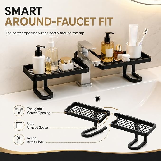 Over Sink Faucet Storage Rack, 2027 New No-Drill Free Standing Faucet Storage Shelf, Space-Saving Bathroom Countertop Organizer for Kitchen & Bathroom, Easy Drainage (Black)