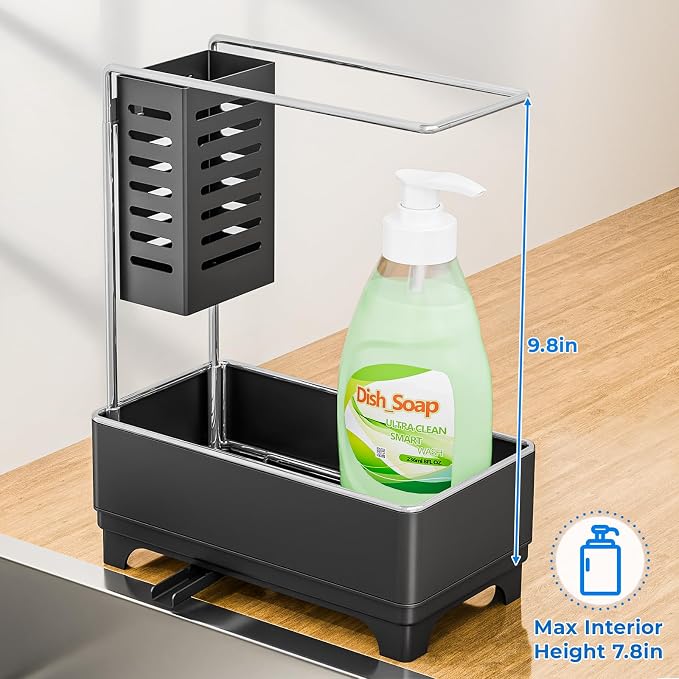 Stainless Steel Sink Caddy, Sponge Holder for Kitchen Sink with Brush Holder and Towel Rack, Sink Organizer for Countertop, Soap Dispenser Kitchen Organizers Storage Essentials(Black)