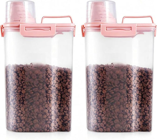 SenseYo 2 Pack 2.5lb Pet Food Storage Container with Measuring Cup, 3L Cat Food Storage Container Dog Food Storage BPA Free for Small Dog, Cat, Bird (Pink)
