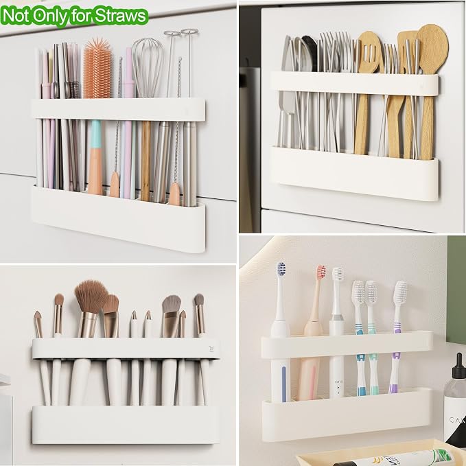 Straw Holder for Cabinet Door, Silicone Straw Organizer for Cabinet Door, Kitchen Cabinet Organizer Reusable Straws Dispenser for Home Kitchen Accessories (White)