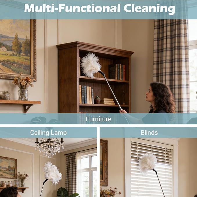 Extendable Feather Duster 22–47 Inch, Long Handle Ceiling Fan Duster for High Ceilings, Cobweb Duster, Natural Ostrich Feather Cleaner for Furniture & Blinds(White)